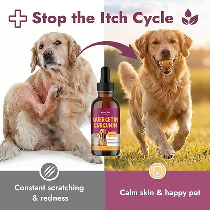 Pet Quercetin Curcumin Allergy Relief Drops, for Dogs & Cats Seasonal/Environmental Allergies & Pollen/Grass Allergies: Itchy Skin, Red Ears, Swollen Eyes, Cough & Sneezing, Scratching & Licking Paws