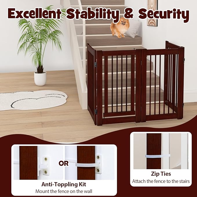 Giantex Dog Gate with Door - 30''H × 80''W Wooden Pet Gate with Walk Through Door, Foldable Freestanding 4 Panels Pet Safety Fence Extra Wide for Doorway Stairs House Deck Yard, Dark Cherry Brown