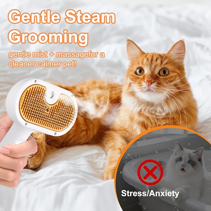 3-in-1 Pet Steam Brush Set for Dogs & Cats, Grooming Comb with Spray, Defur Tool, Water-Assisted Hair Removal, Gentle Cat & Dog Spritz Brush, Multi-Purpose Steam Grooming Kit