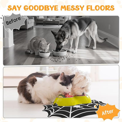 Dog Cat Food & Water Mat, Spider Web Pet Feeding Mat for Floor Non-Slip Waterproof, Super Absorbent Quick Dry Placemat Pet Food Bowl Mat, Halloween Decor, Pets Accessories Indoor (12 * 20 in)