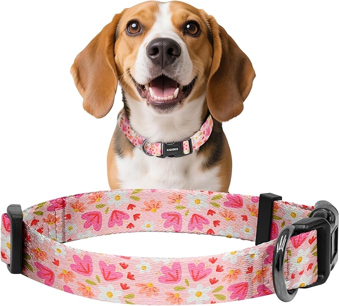 Kazazoo Dog Collar Cute and Soft Nylon Puppy Collar Girl, Adjustable Dog Collars for Small Medium Dogs, Pink Flowers-M