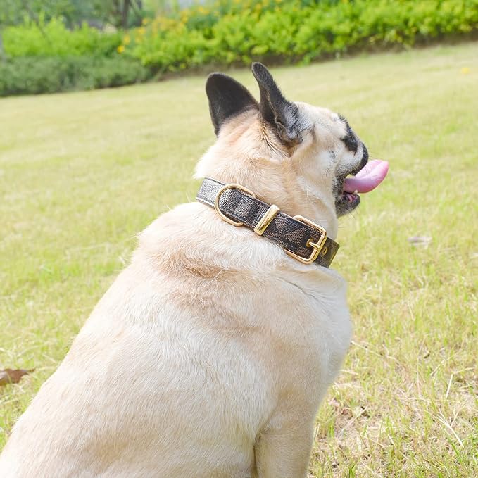 Leather Dog Collar and Leash Set, Check Pattern Dog Collar Leashes Metal Buckle Adjustable Durable for Small Medium Large Dogs (Brown, S(11.4-13.4IN))