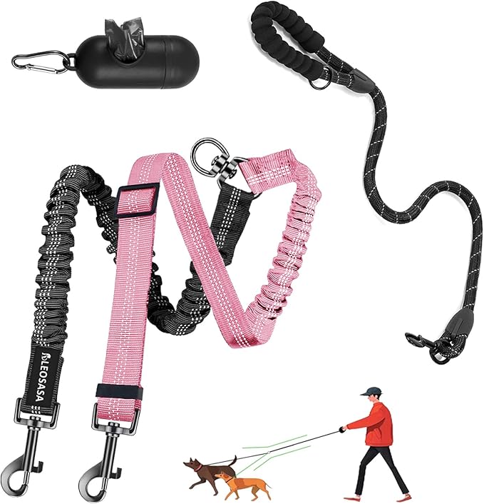 Double Dog Leash - 360°Swivel Tangle Free Splitter Attachment, 1 Rope with Handle, 2 Dogs Multi-Functional Leash, for Outdoor Walk Train Small Medium Large Two Pet, Pink