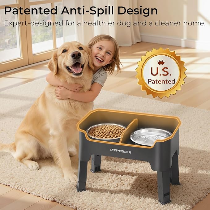 URPOWER Mess Proof Elevated Dog Bowls, High Wall Splash Guard Design, 4 Height Adjustable Raised Bowl Stand, 2 Stainless Steel Bowls, Non-Slip Food Water Set for Small Medium Large Dogs