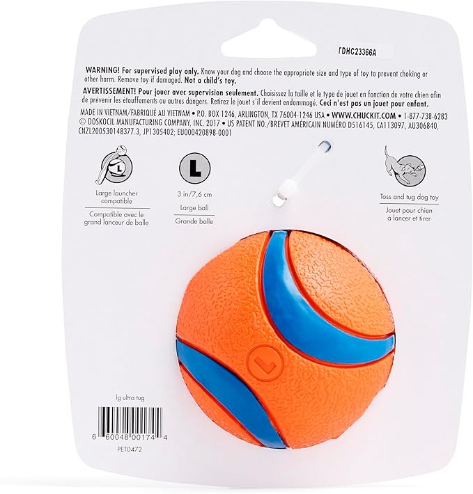 Chuckit! Ultra Tug Dog Toy - Ultra Ball on a Durable Nylon Cord Handle - Fetch and Tug-of-War Toy for Dogs - Size Large - For Breeds 60-100 lbs - 3-inch Diameter - Orange and Blue