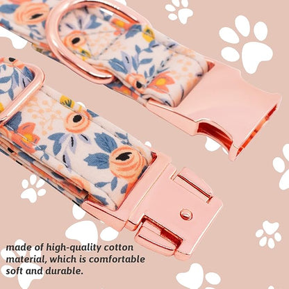 Dog Collar and Leash Set Girls Adjustable Puppy Collars with Floral Bow Tie for Small Medium Large Female Dogs, Orange Flower, XS