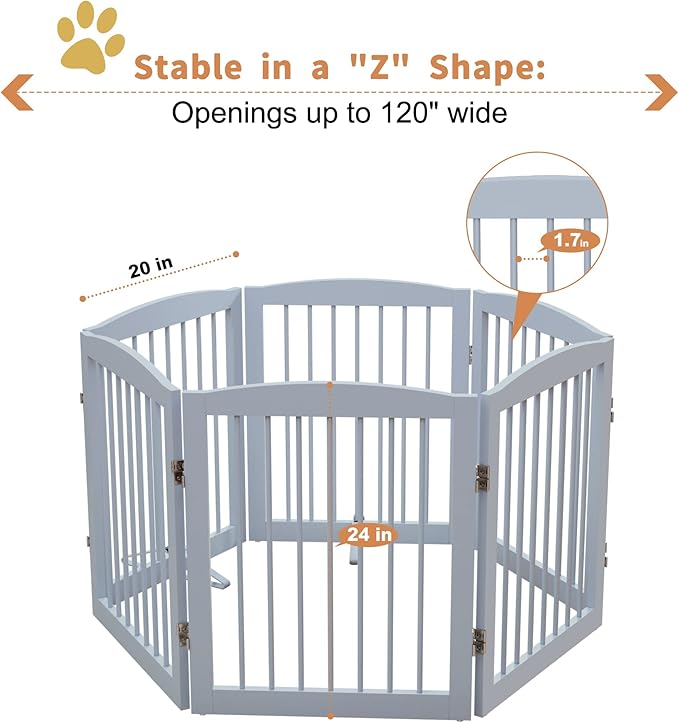 PUPETPO Freestanding Pet Gate for Dogs, Foldable Wooden Dog Gate for House, Extra Wide Indoor Pet Barrier for Stair, Doorway, Hall, Support Feet Included, 120 Inch Wide, 6 Panels 24", Grey