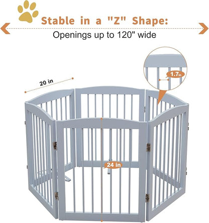 PUPETPO Freestanding Pet Gate for Dogs, Foldable Wooden Dog Gate for House, Extra Wide Indoor Pet Barrier for Stair, Doorway, Hall, Support Feet Included, 120 Inch Wide, 6 Panels 24", Grey