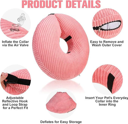 BINGPET Inflatable Dog Cone Collar Alternative After Surgery,Soft Recovery Cone for Dogs to Stop Licking,Dogs Blow up Protective Neck Donut ECollars Adjustable for Large Medium Small Puppy Pet, Pink L