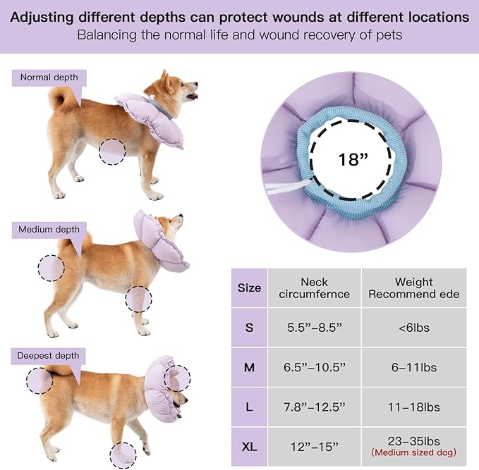 H HIDREAM Soft Dog Cones for Medium Dogs,Cute Adjustable Cone for Dogs to Stop Licking,Dog Recovery Collars & Cones that can Protect Head and Foot Wounds，Purple Flower All-Season Style