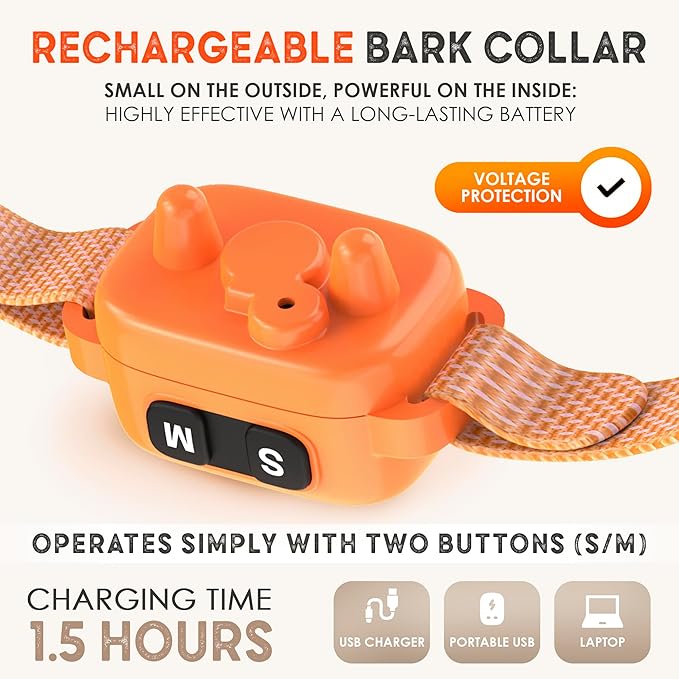 Tiny Bark Collar for Small Dogs 5-15 lbs and Puppies - No Shock Anti Barking Collar - Rechargeable Smart Collar for Dog Training with 7 Sensitivity Levels and 3 Beep&Vibration Modes (Pure Orange)