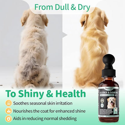 Allergy & Immune Supplement for Dogs - Omega 3-6-9 Liquid Drops for Seasonal Allergy Support, Skin Itch Relief, Less Shedding, Coat Health - with Biotin, Turmeric - Chicken Flavor - 2 FL.OZ