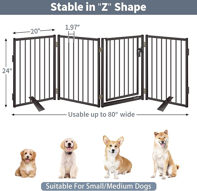 Metal Freestanding Dog Gates with Door for Outdoor Indoor,80'' Extra Wide Free Standing Dog Gate for Doorways,Large Openings,Deck,Yard,Porch,Foldable Safety Pet Fence(Black,4 Panels)