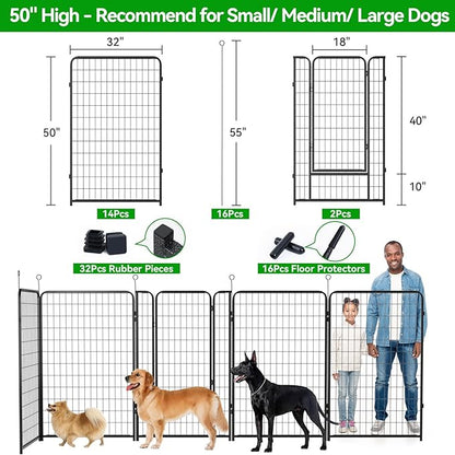 Kfvigoho Dog Playpen Outdoor Extra Wide 16 Piece Panels Heavy Duty Dog Fence 50" Height Anti-Rust with Doors Portable for RV Camping Yard, Total 42FT, 140 Sq.ft, Snowy Black