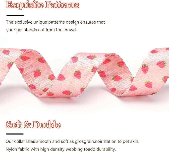 Pink Strawberry Pattern Dog Collar with Buckle Adjustable Safety Nylon Collars for Small Medium Large Dogs, Cute Stylish Girl Boy Christmas Dog Collar(Pink Strawberry,M)