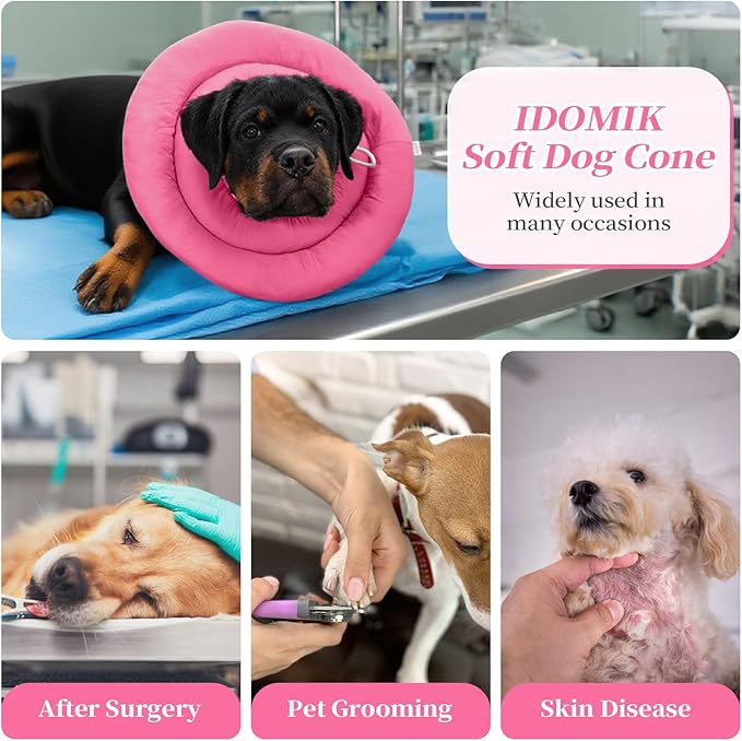 IDOMIK Dog Recovery Collar, Waterproof Soft Dog Cone After Surgery, Comfy Protective Elizabethan Collar Alternative for Dogs Cats, Adjustable Pet Neck Donut Cone Anti-Licking Biting Wounds,Rose,S