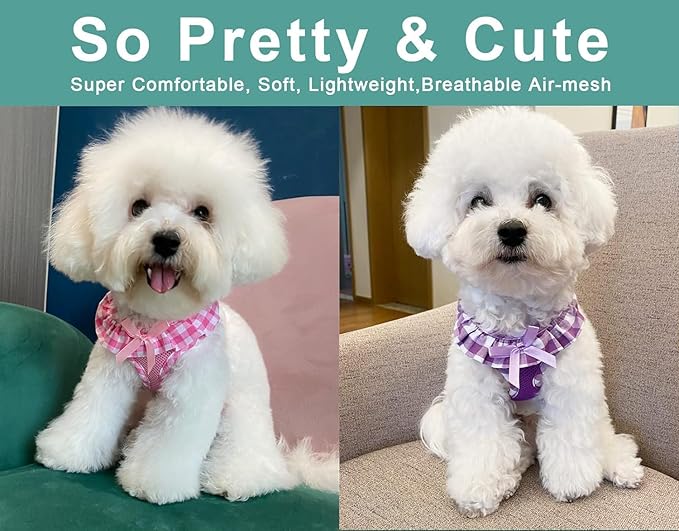 SuperBuddy Upgraded Soft Mesh Dog Harness, Super Breathable Lightweight Pet Harnesses for Puppy Dogs Outdoor Walking, Pink and Purple Dog Harness Set Packing-XSmall