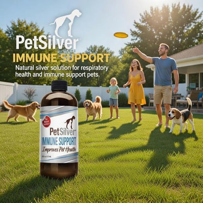 PetSilver Immune Support, Natural Nebulizer Solution, Promotes Respiratory Health in Cats & Dogs, Allergies, Sinus & Cough Treatment, Easy to Use, Patented Chelated Silver, Made in the USA, 16 fl oz