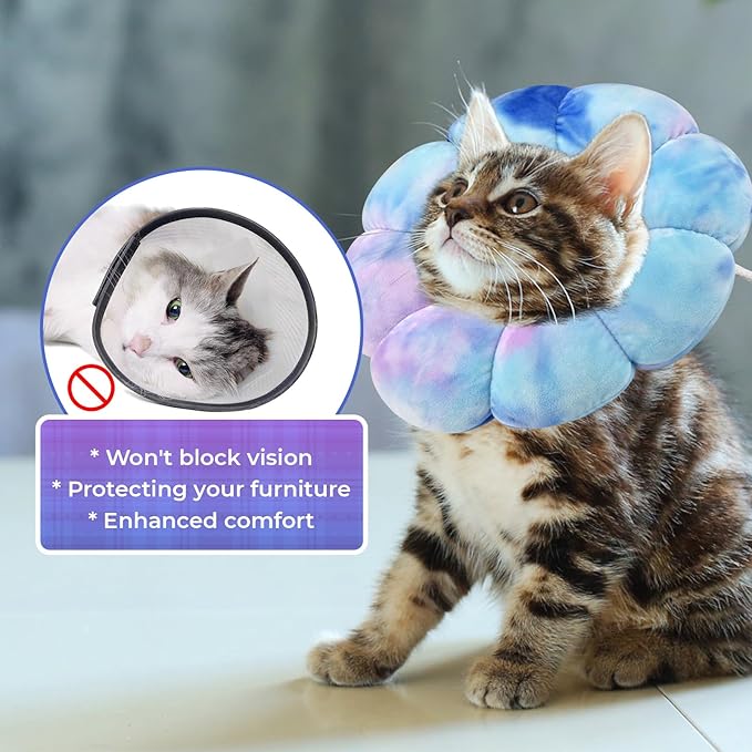 Flower Cat Cone, Uadonile Adjustable Cat Cone Collar, Soft Dog Elizabethan Collar Recovery E Collar After Surgery, Recovery E-Collar for Kittens/Puppies and Cats Recovery(Tie-dye Purple Blue, S)
