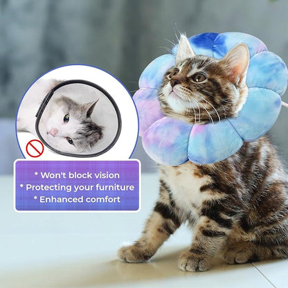Flower Cat Cone, Uadonile Adjustable Cat Cone Collar, Soft Dog Elizabethan Collar Recovery E Collar After Surgery, Recovery E-Collar for Kittens/Puppies and Cats Recovery(Tie-dye Purple Blue, S)