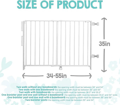 Regalo Safety 35" Extra Tall Baby Gate for Stairs, Wall Mounted 2-in-1 Wide Stair Gate for Babies, Toddlers, & Pets, Includes Banister and Wall Mounting Kit, White