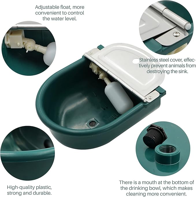 MINYULUA Automatic Waterer Bowl Large Horse Waterer with Float Valve and Drain Plug Automatic Water Feeder Dispenser Bowl for Sheep Dog Horse Cow Pig Plastic (Dark Green)