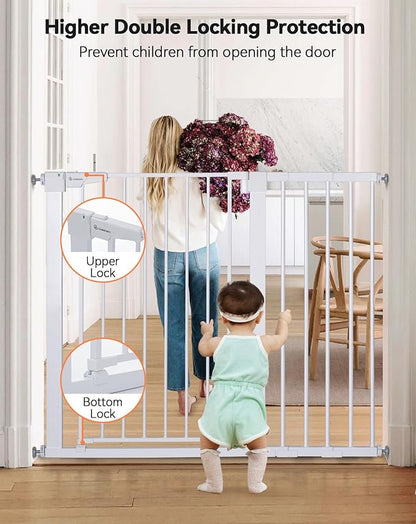 COMOMY 36" Extra Tall Baby Gate for Stairs Doorways, Fits Openings 29.5" to 46" Wide, Auto Close Extra Wide Dog Gate for House, Pressure Mounted Easy Walk Through Pet Gate with Door, White