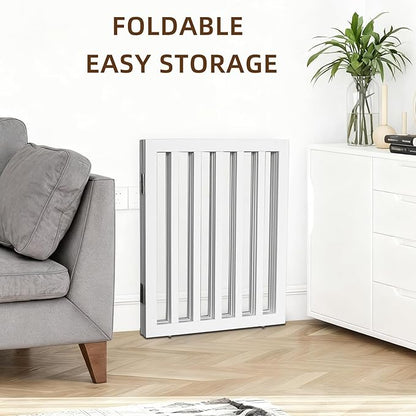 Foldable Indoor Dog Gate for The House Freestanding Stairs Nature Wooden White Pet Gate for Doorway Puppy Gate for Dogs Expandable Dog Fence for Stairs or Hallways 24"" Height 6 Panels
