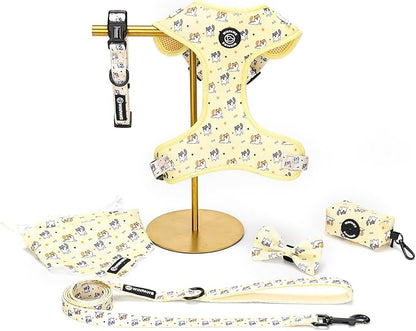 Dog Harness and Leash Collar Set with Dog Poop Bag Holder and Bandanas, Escape Proof Adjustable Puppy Cat Vest with Soft Mesh Padded, Pet Supplies for Small Medium Large Dogs Kitten(Yellow Puppy,XS)