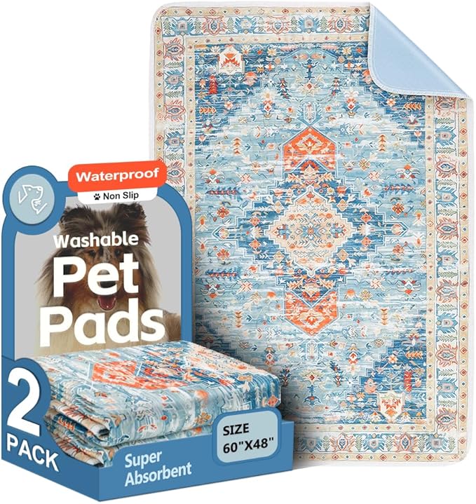 Washable Pee Pads for Dogs 2 Pack Reusable Puppy Training Pads 60"x48" Super Absorbent Waterproof Dog Training Pads, Non-Slip Potty Pads Whelping Pads Litter Mat Pet Supplies - Blue/Mix