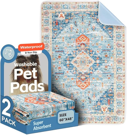 Washable Pee Pads for Dogs 2 Pack Reusable Puppy Training Pads 60"x48" Super Absorbent Waterproof Dog Training Pads, Non-Slip Potty Pads Whelping Pads Litter Mat Pet Supplies - Blue/Mix