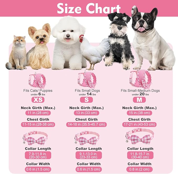 EXPAWLORER Cute Dog Harness Collar Leash Set - Pink Girl Dog Harness Checkered Step-in Design, Detachable Bow Pet Collar, Adjustable No-Choke Lightweight Mesh Vest for Cats Puppy Small Dogs, S