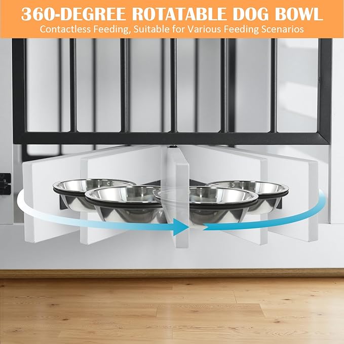 32" Dog Crate Furniture for Small Medium Dogs, Heavy Duty Wood Metal Indoor Dog Kennel with Bowls, Decorative Pet Cage Dog House as TV Stand, White & Wood