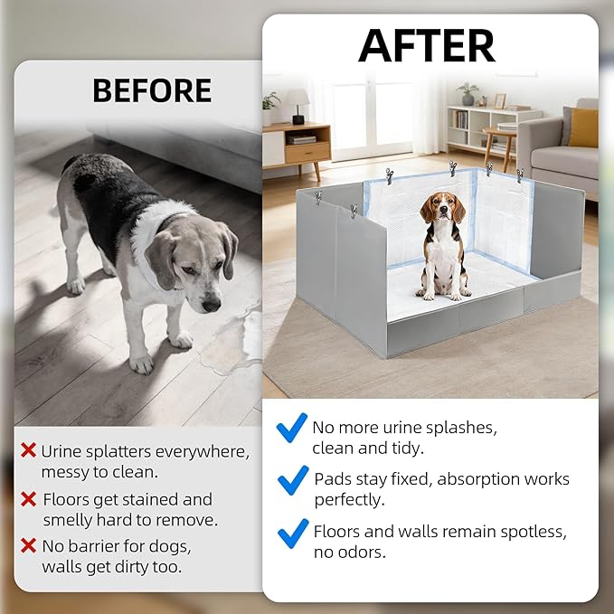 Dog Pee Pad Holder with High Walls, 32.3"x22"x15.7" No-Splash Indoor Dog Potty Box with 6 Clamps, No Assembly Foldable Potty Training Toilet for Large Small Medium Dogs Puppy Potty(Gray2)