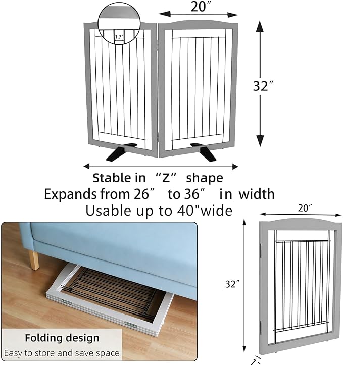 ZJSF Freestanding Dog Fence Indoor, Foldable Dog Gate for Doorways, Stairs or Hallways, Sturdy Wood Extra Wide Pet Gate with Support Feet for The House, Grey, 32 "Height-2 Panels