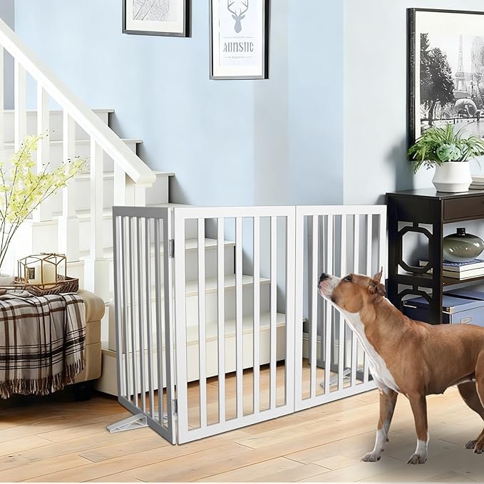 Foldable Indoor Dog Gate for The House Freestanding Stairs Nature Wooden White Pet Gate for Doorway Puppy Gate for Dogs Expandable Dog Fence for Stairs or Hallways 24"" Height 6 Panels