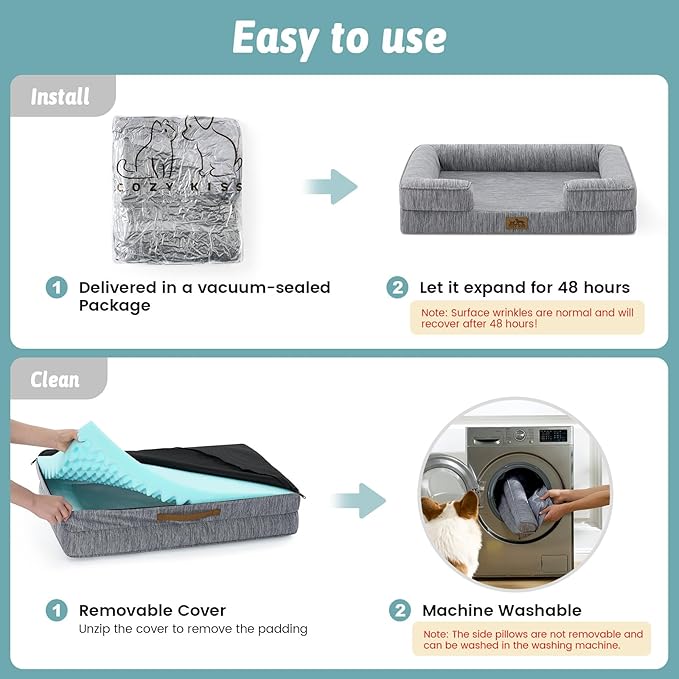 Cooling Dog Bed for Extra Large Dogs, Q-Max >0.4 Summer Cool Orthopedic Foam Pet Sofa Bed with Sides, Bolster Anti-Slip Couch with Washable Removable Cover, XXL 48x35x7.5 inch, Dark Grey