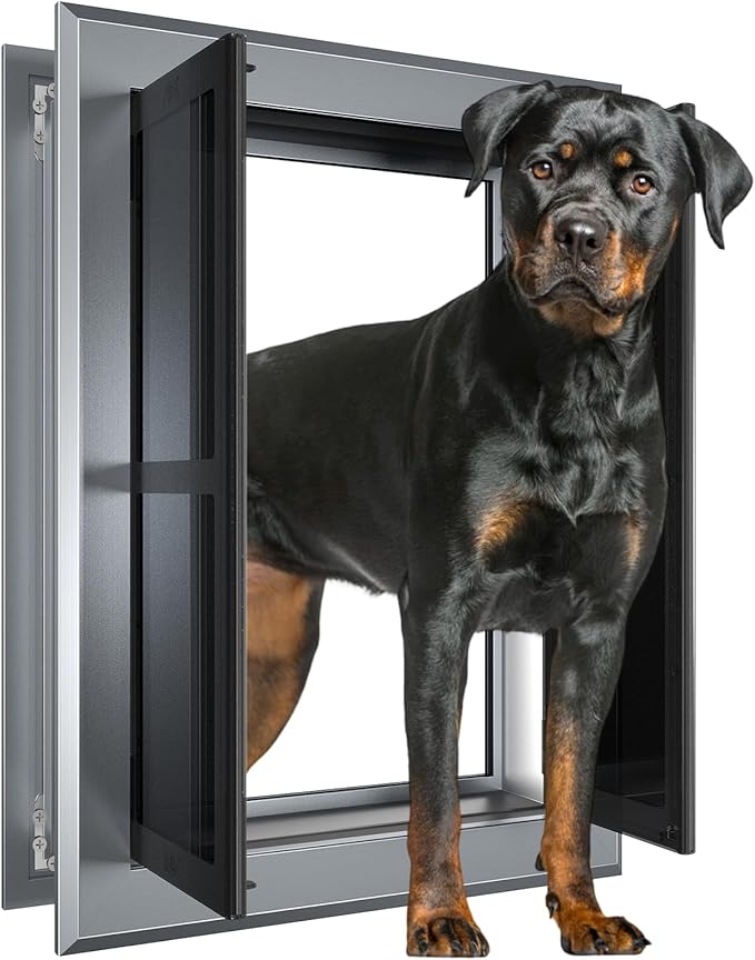 Aluminum French Large Dog Door,Strong Double Magnetic Flaps,with Aluminum Telescoping Tunnel Heavy-Duty Do g Door for X-Large and L arge Dog Up to 200LBS(Gray, X-Large)