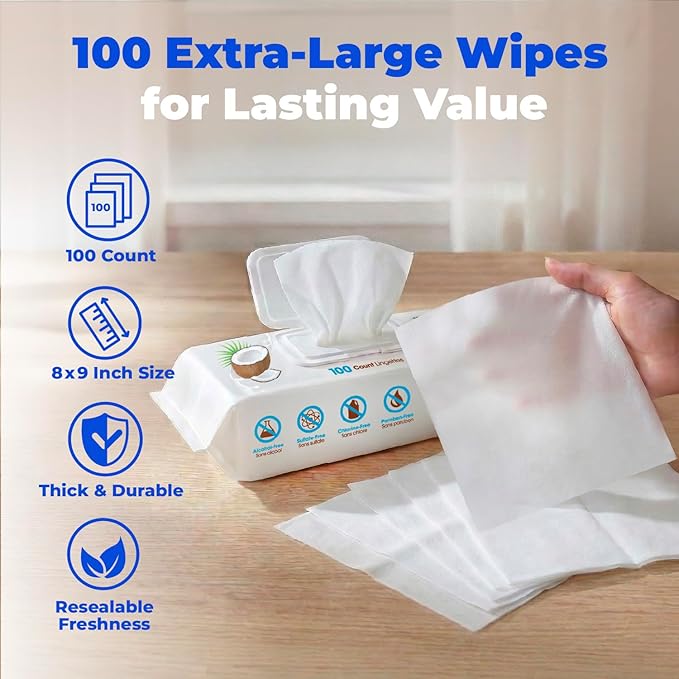 Best Pet Supplies 8" x 9" Large Dog Wipes - Cleaning and Deodorizing for Paws and Coat - Gentle Formula with Coconut Vitamin E for Puppies and Cats - 100 Count
