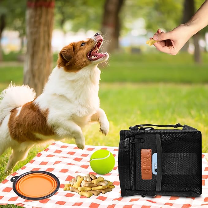 Dog Treat Training Pouch Easily Carries Pet Toys Kibble, Treats Built-in Poop Bag Dispenser 3 Ways to Wear Comes with a Foldable Silicone Bowl (Black)