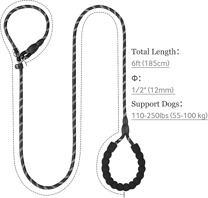TagME 6ft Slip Dog Lead, No Pull Reflective Training Leash with Padded Handle, Professional Rope P-Leash for Small Medium Large Dogs, Heavy Duty Correction Lead for Walking & Training (Black)
