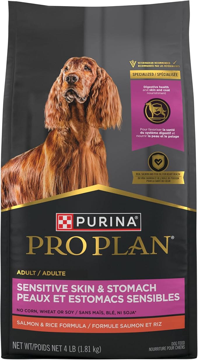 Purina Pro Plan Sensitive Skin and Stomach Dog Food Dry, Adult Salmon & Rice Formula, Digestive Health - 4 lb. Bag