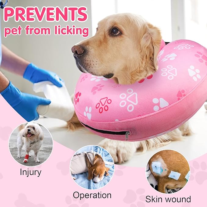 BEAUTYZOO Dog Cone Alternative After Surgery for Large Medium Small Dogs, Soft Inflatable Cone Collar for Dogs Cats, Pet Neck Donut E Collar Dog Recovery Collars to Stop Licking, Paw Pink, XL