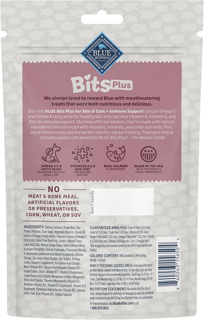 Blue Buffalo Blue Bits Plus Skin & Coat and Immune Support Dog Treats, Salmon, 9.5-oz. Bag (Pack of 2)