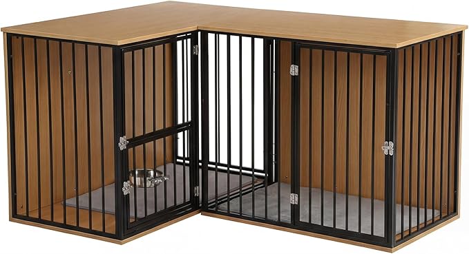 Dog Crate Furniture for 2 Dogs, Corner Heavy Duty Double Dog Kennel Furniture with Divider, Indoor Wooden Dogs Crate Large Breed (Black)