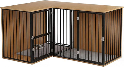 Dog Crate Furniture for 2 Dogs, Corner Heavy Duty Double Dog Kennel Furniture with Divider, Indoor Wooden Dogs Crate Large Breed (Black)