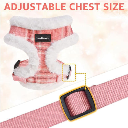 SCENEREAL Small Dog Harness Collar and Leash Set, Mesh Plush No Pull Puppy Vest Harness, Warm Fleece No Chock Small Pet Halter for Outdoor Walking Training, Pink Plaid XS