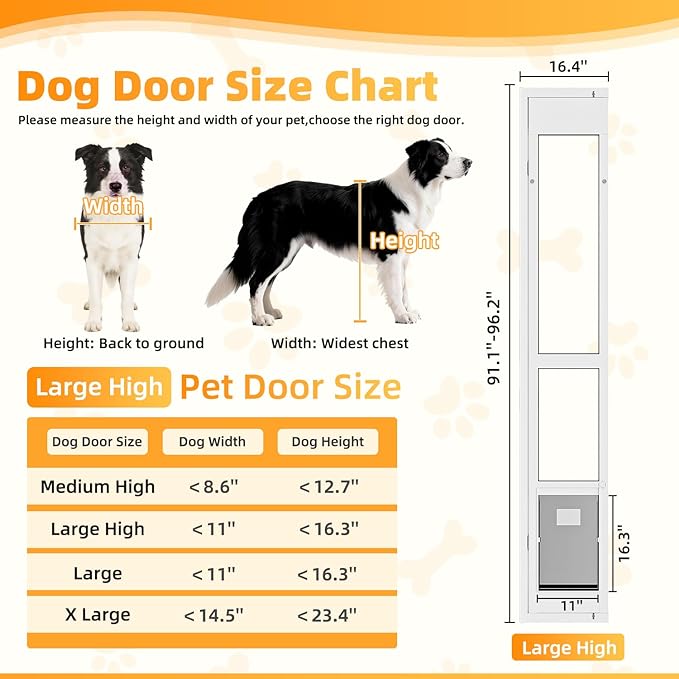 Dog Door for Sliding Glass Door with Magnetic Flat, Installed on Either Left or Right Side，Sliding Door Pet Doggie Door Insert with Lock, Adjustable Height No-Cut Required Doggy Door