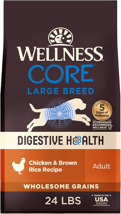 Wellness CORE Digestive Health Large Breed Adult Dry Dog Food, Wholesome Grain Kibble, Sensitive Stomach, Natural, High Protein, Chicken and Brown Rice Recipe, 24 lb Bag