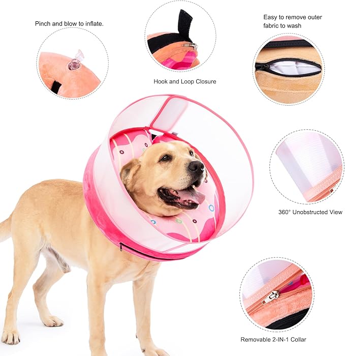 Inflatable Dog Cone Collar for Large Medium Small Dogs, Soft Dog Donut Collar Adjustable Recovery Cone for Pets After Surgery, Extra Enhanced Anti-Licking Guard Shield (Pink Donut, Large)